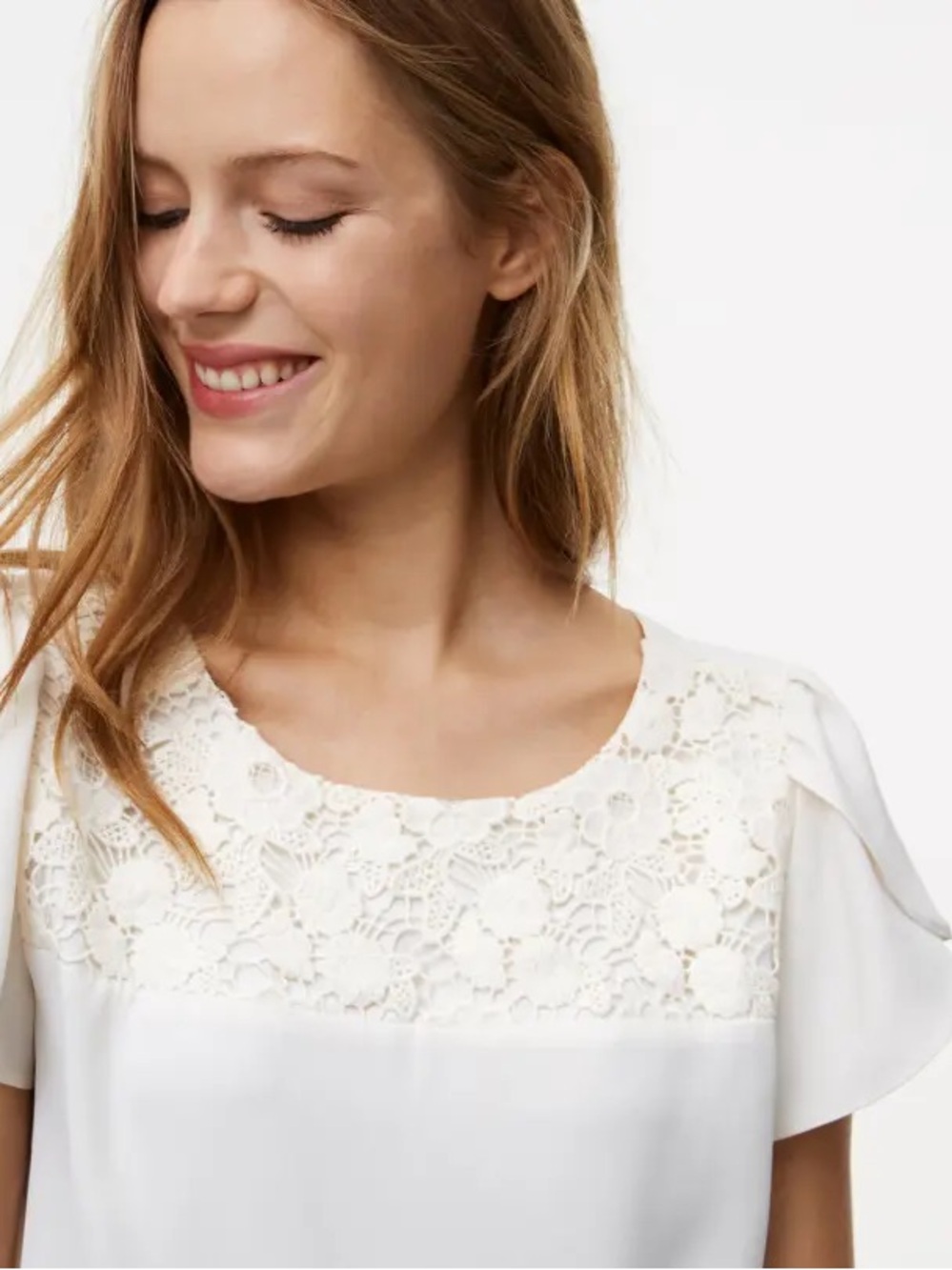 LOFT Cream Lace Yoke Short Sleeve Blouse